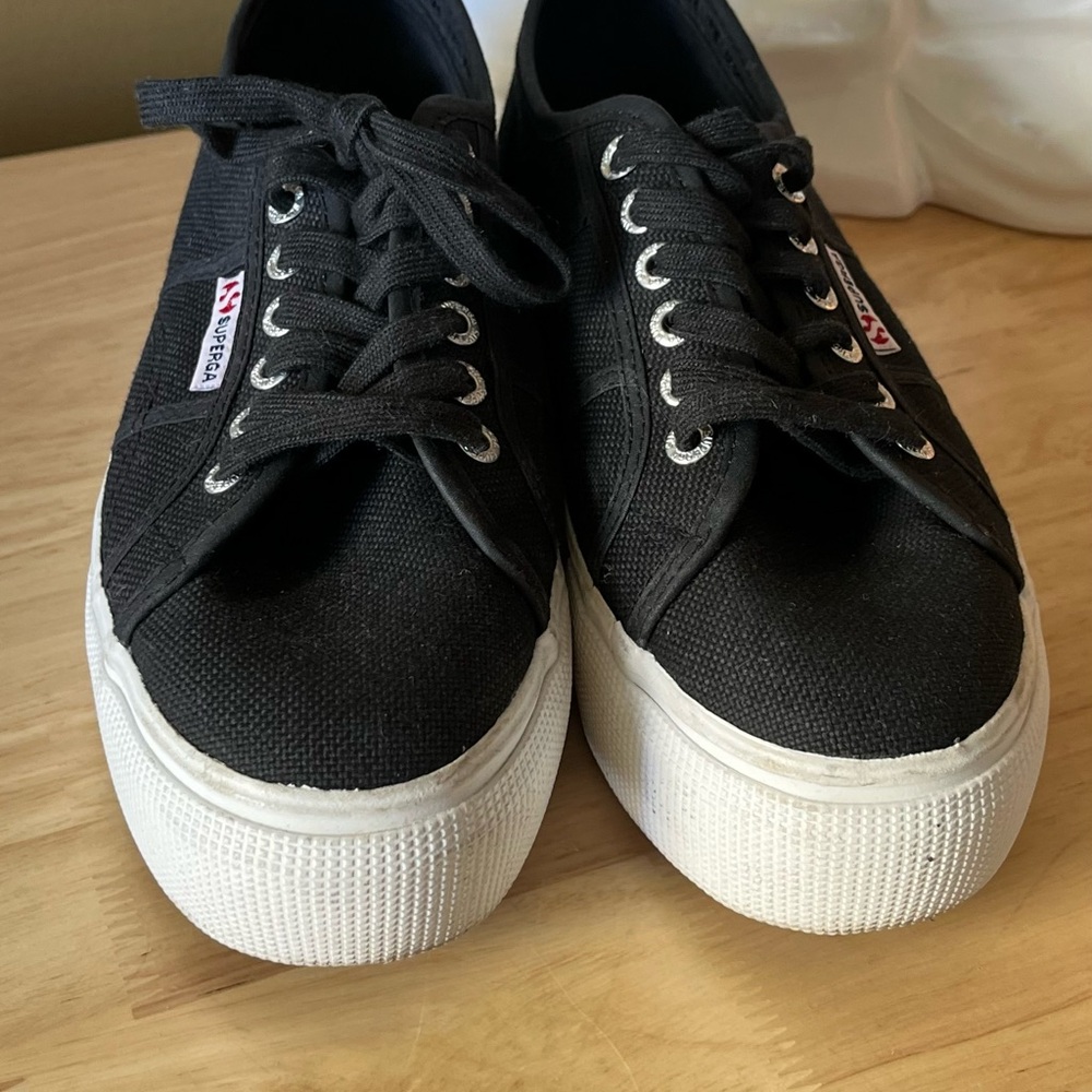 Superga Black Canvas Shoes with White Soles
